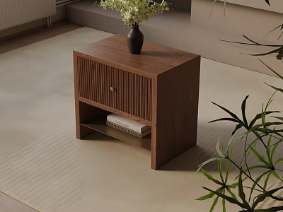 Modern Wooden Bedside Table With Vertical Striped Drawer Open Shelf And Vase With Flowers 3d model