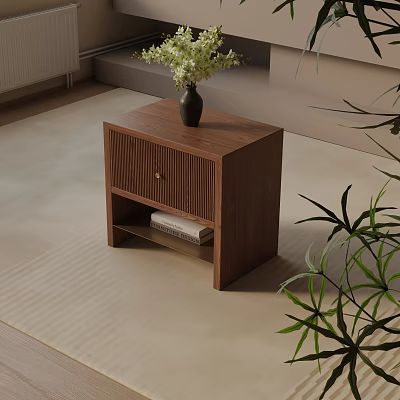 Modern Wooden Bedside Table With Vertical Striped Drawer Open Shelf And Vase With Flowers 3d model