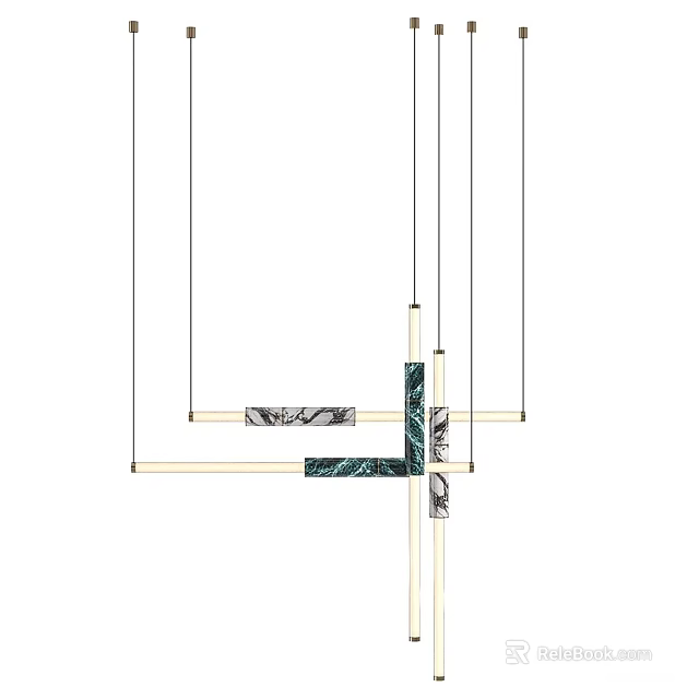 Modern Geometric Chandelier with Marble Accents and Gold Horizontal Bars 3d model 