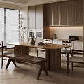 Modern Restaurant Interior With Wooden Dining Table Chairs Bench Cabinets Window Blinds Plant And Appliances