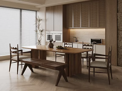 Modern Restaurant Interior With Wooden Dining Table Chairs Bench Cabinets Window Blinds Plant And Appliances 3d model