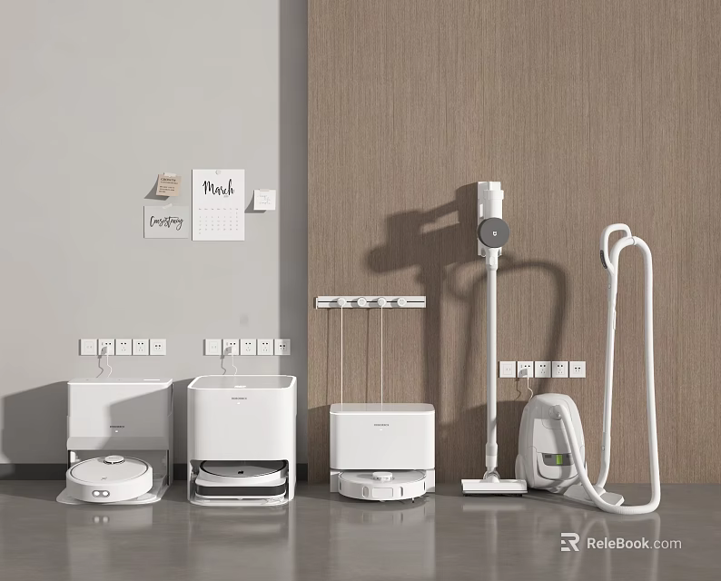 Modern Household Appliances Including Robotic Vacuum Cleaners Garment Steamers And Dryers In Minimalist Room 3d model 