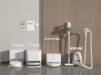 Modern Household Appliances Including Robotic Vacuum Cleaners Garment Steamers And Dryers In Minimalist Room 3d model