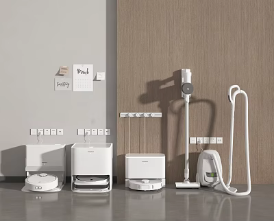 Modern Household Appliances Including Robotic Vacuum Cleaners Garment Steamers And Dryers In Minimalist Room 3d model