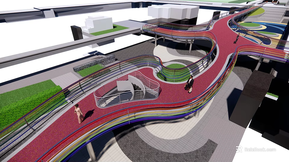 Colorful Curved Scenic Bridge With Red Path And People Walking In Urban Area 3d model 