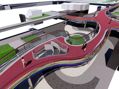 Colorful Curved Scenic Bridge With Red Path And People Walking In Urban Area 3d model