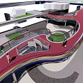 Colorful Curved Scenic Bridge With Red Path And People Walking In Urban Area