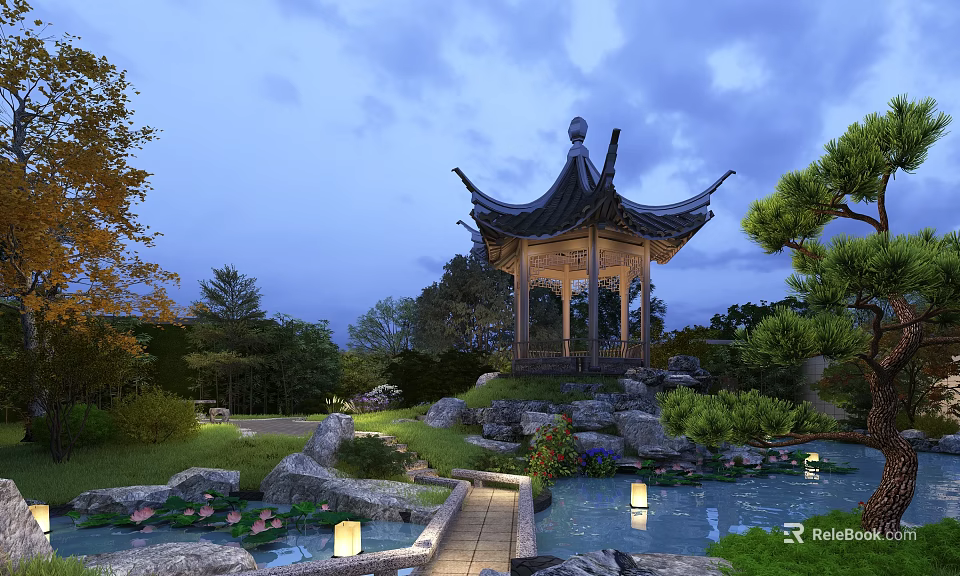 Chinese Garden Courtyard Evening Scene With Traditional Pavilion Pond Rockery Lush Trees And Lanterns 3d model 