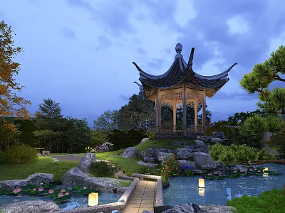 Chinese Garden Courtyard Evening Scene With Traditional Pavilion Pond Rockery Lush Trees And Lanterns 3d model