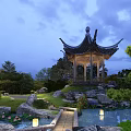 Chinese Garden Courtyard Evening Scene With Traditional Pavilion Pond Rockery Lush Trees And Lanterns