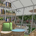 Outdoor Garden Landscape Design With Wooden Furniture Umbrella Green Plants And Glass Greenhouse