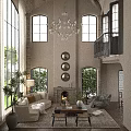 Elegant Living and Dining Room Interior with Arched Windows Crystal Chandelier Fireplace and Green Plants