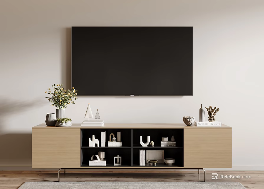 Modern TV Stand Featuring Wall Mounted TV Decorative Items and Open Storage Compartments 3d model 