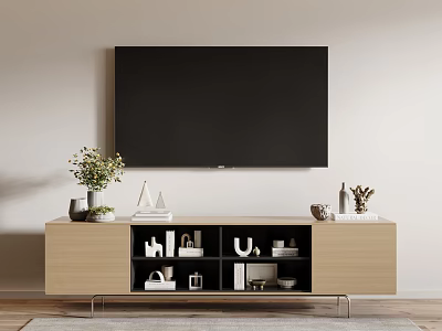 Modern TV Stand Featuring Wall Mounted TV Decorative Items and Open Storage Compartments 3d model