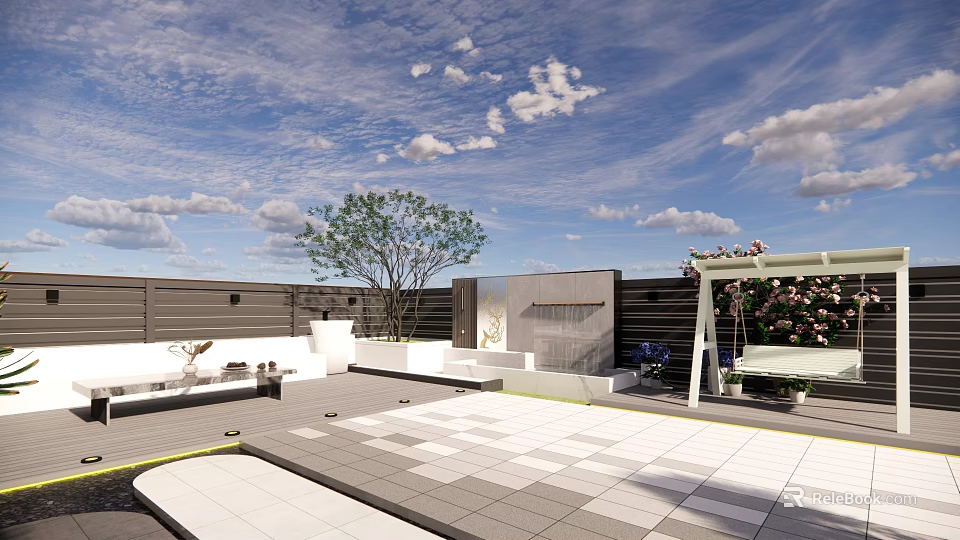 Roof Top Garden Patio Design with Tiled Flooring Pergola Flowers and Water Feature 3d model 