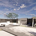 Roof Top Garden Patio Design with Tiled Flooring Pergola Flowers and Water Feature