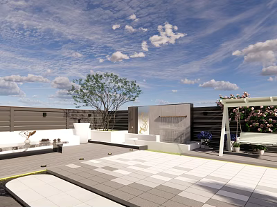 Roof Top Garden Patio Design with Tiled Flooring Pergola Flowers and Water Feature 3d model