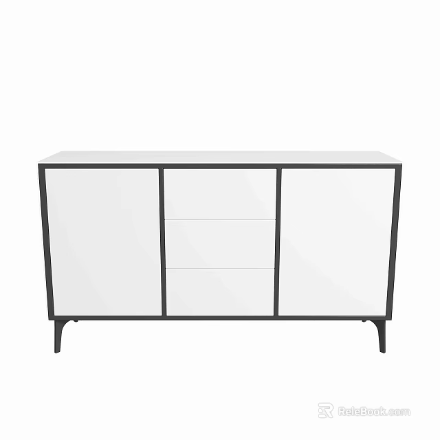 Modern White Console Cabinet With Black Frame Drawers And Metal Legs 3d model 