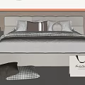 Modern Double Bed with Light Gray Headboard Multiple Pillows and Striped Bedspread 3d model