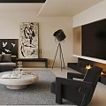 Modern Living Dining Room Interior Design With Gray Sofa Round Coffee Table And Black Armchair