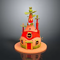 Fairy Tale Scenery Featuring Colorful Small House With Red Roof Green Decorations And Orange Base