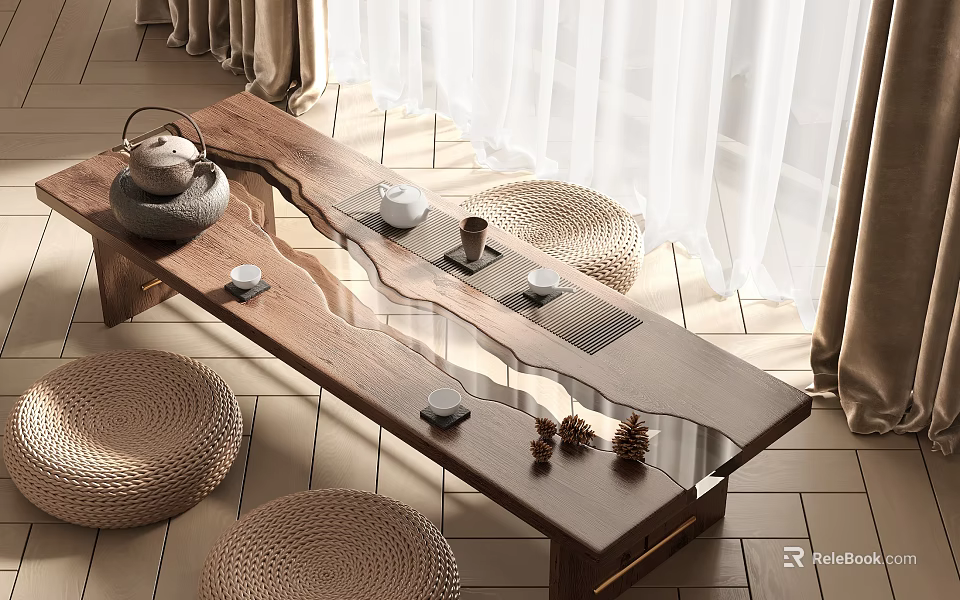 Natural Style Wooden Tea Table With Tea Set And Woven Cushions In Sunlit Indoor Space 3d model 
