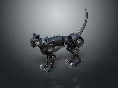 Black Metal Mechanical Cat Decorative Figurine With Red Eyes And Mechanical Structure For Home Decor 3d model