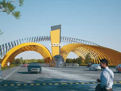 Modern Entrance Gate With Arch Structure Yellow Metal Frame Logo Pillar Cars And Blue Sky 3d model