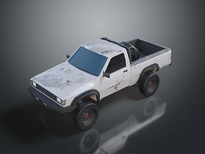 White Weathered Single Cab Pickup Truck With Large Off Road Tires And Reflection 3d model