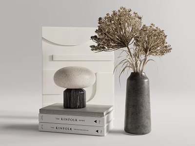 Decorative Ornament Set With Gray Vase Dried Flowers Stone Ornament Black Base And The Enduro Books 3d model