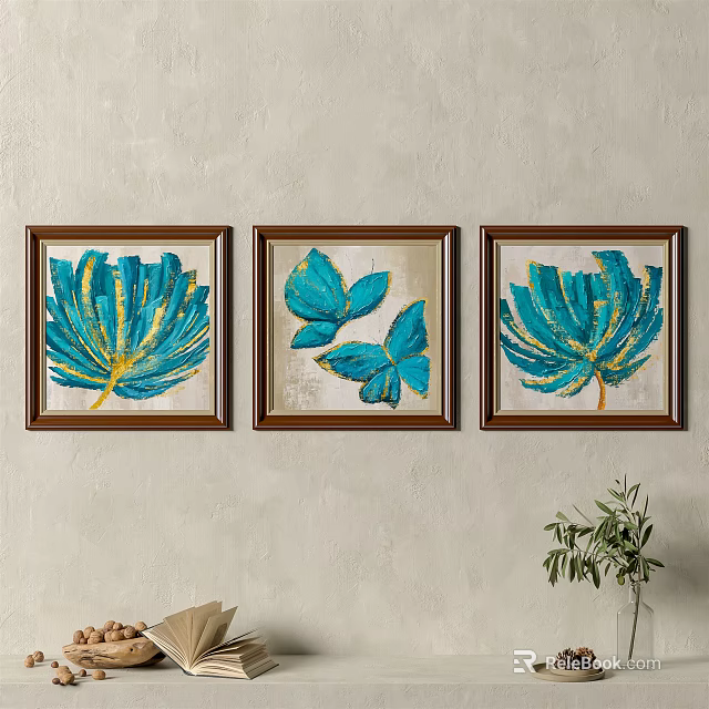 Three Blue Yellow Botanical Paintings in Brown Frames Hanging on Beige Wall 3d model