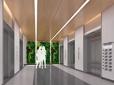 Modern Elevator Lobby With Living Plant Wall Elevator Doors Ceiling Lights And Silhouette Figures 3d model