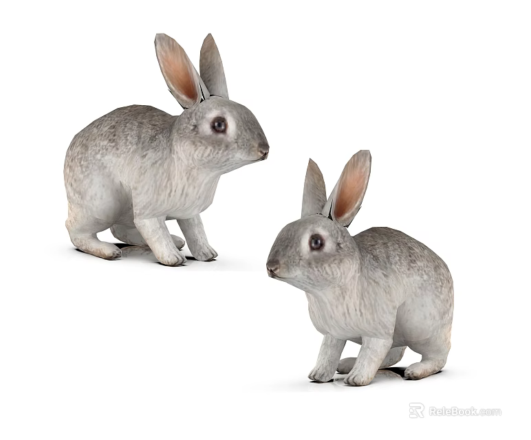 Two Gray Rabbit Figurines Sitting On White Background With Realistic Details 3d model 