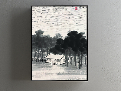 New Chinese Architectural Painting Black and White Commercial Space Water Landscape Decoration Painting model