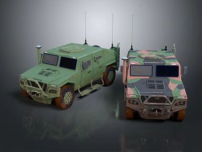 Green And Camouflage Military Vehicles With Off Road Design And Antennas 3d model