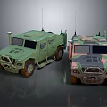 Green And Camouflage Military Vehicles With Off Road Design And Antennas