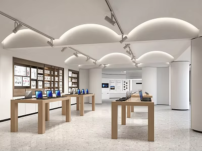 Well Lit Modern Digital Store Interior With Wooden Display Tables And Electronics 3d model