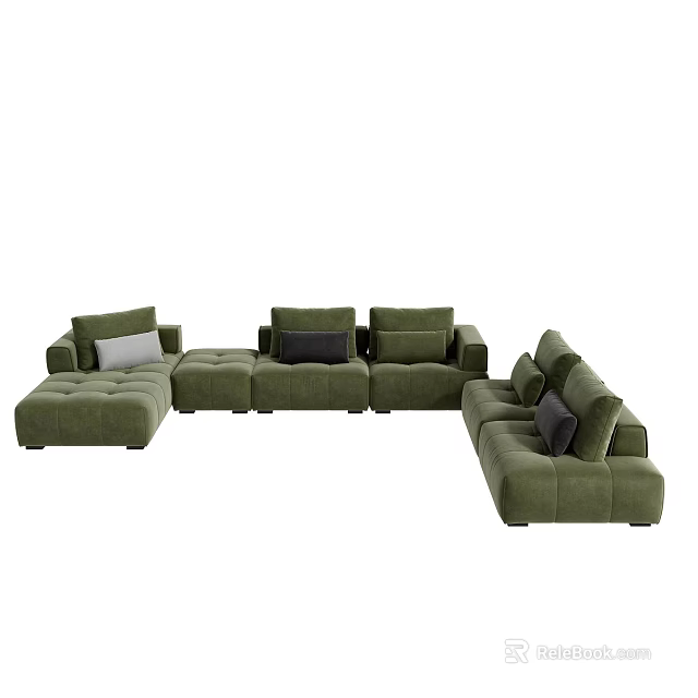 Green Modular Sectional Sofa Upholstered With Mixed Color Cushions And Versatile Seating Modules 3d model