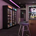Modern Bar Interior With Neon Sign Purple Sofa And Wine Bottles On Shelves