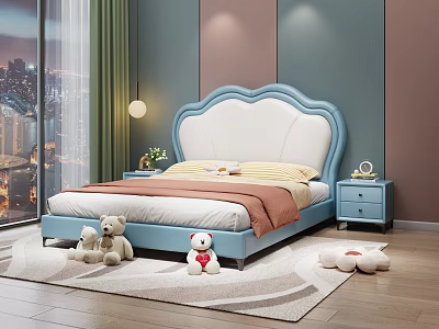 Cozy Kids Room Interior With Blue Wave Headboard Bed Stuffed Bears And Pink Green Walls 3d model