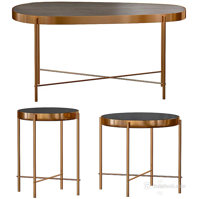 Modern Coffee Table Set With Brass Frame And Black Round Tabletop 3d model 