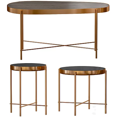 Modern Coffee Table Set With Brass Frame And Black Round Tabletop 3d model