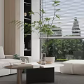 Modern Living Room Interior Design With White Sofa Wicker Chair And Large Window View