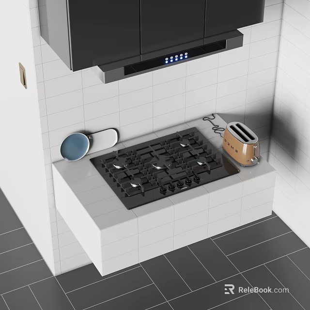 Modern Kitchen With Gas Stove Toaster And Pan On White Tiled Countertop 3d model 