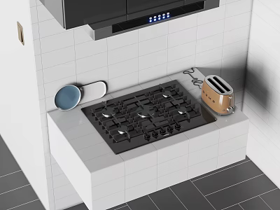 Modern Kitchen With Gas Stove Toaster And Pan On White Tiled Countertop 3d model