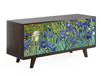 Dark Wooden TV Stand With Colorful Iris Flower Artwork On Front Panel 3d model