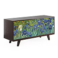 Dark Wooden TV Stand With Colorful Iris Flower Artwork On Front Panel