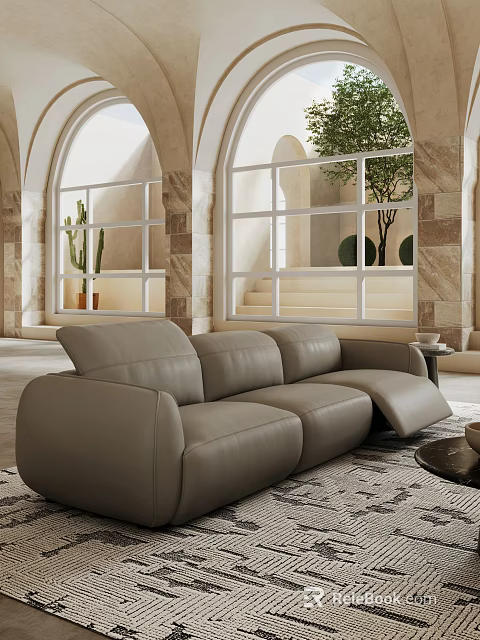 Modern Interior With Leather Sectional Sofa Arched Windows Green Plants And Stone Walls 3d model 