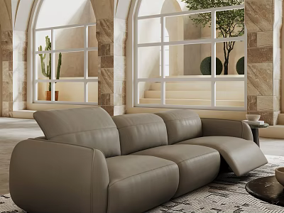 Modern Interior With Leather Sectional Sofa Arched Windows Green Plants And Stone Walls 3d model