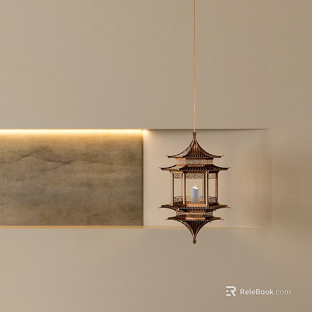 Traditional Pagoda Design Pendant Light Hanging On Beige Wall With Warm Lighting 3d model 